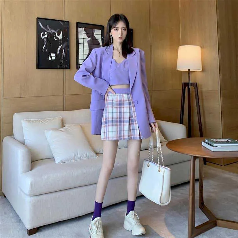 high street suit skirt strap + pleated loose spring and summer female fashion 3-piece set streetwear 210526