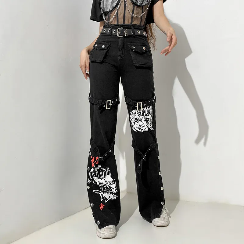 Streetwear Fashion Design Printed Jeans Metal Buckle Black Denim Trousers Loose Pants 2022 New