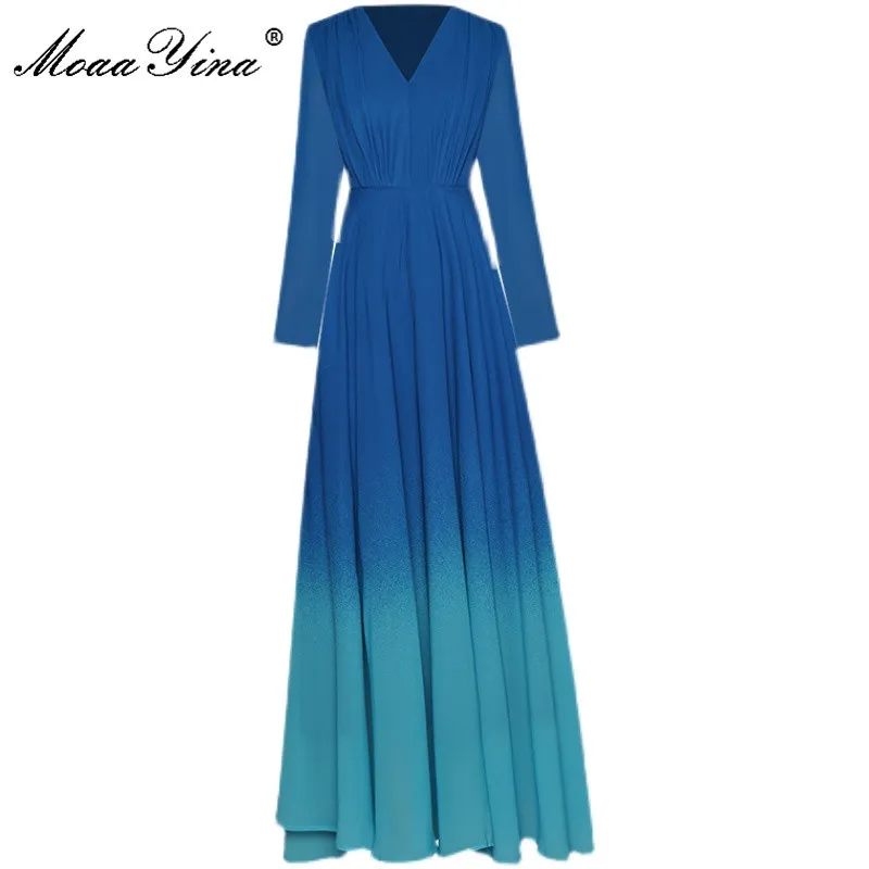 Robe de créateur de mode printemps robe pour femmes col en v à manches longues froncé mince robe de soirée élégante robes maxi 210524