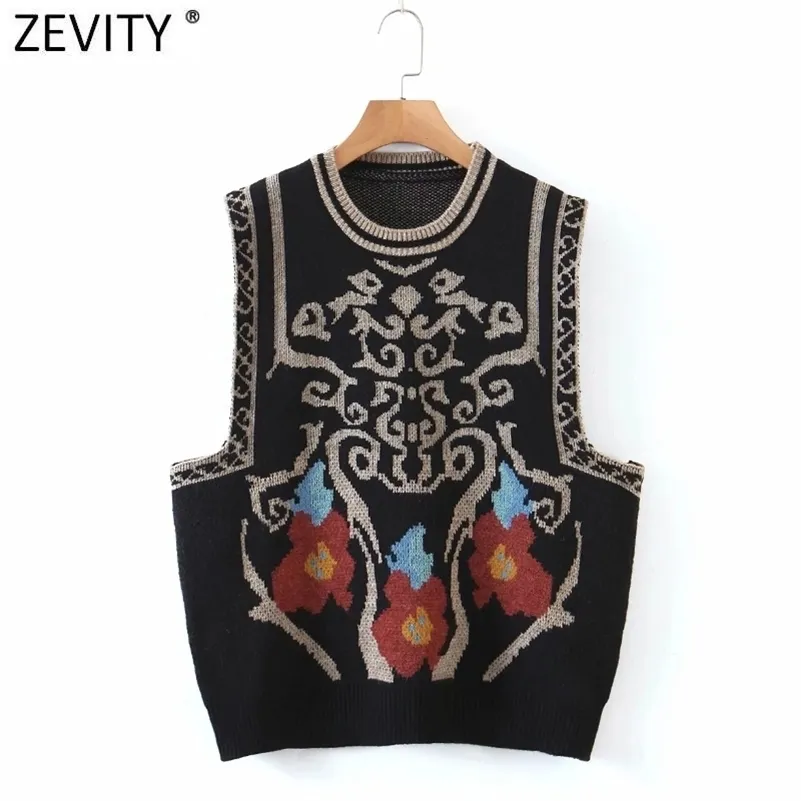 Zevity Women Vintage Totem Flower Pattern Ärmlös Vest Kvinna Retro National Style Patchwork Casual Jacquard Waistcoat S617 211008