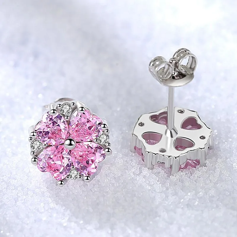 Stud Luxury Pink Zircon Stone Earring 925 Sterling Silver Crystal Bridal Ear smycken för kvinnor härlig fin presentvän