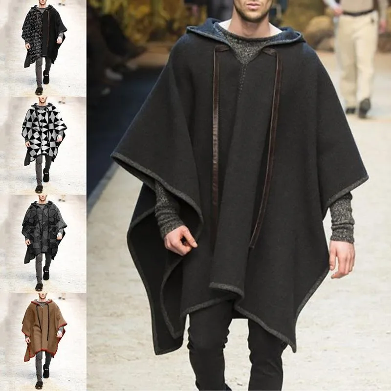 Men's wool cape Autumn Winter Batwing Sleeve Vintage Loose Oversize Poncho Hooded Coats