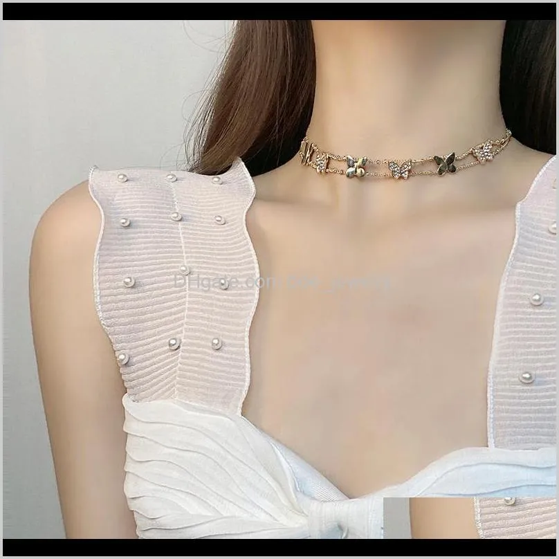 korean fashion pretty double layer choker necklace beautiful pave butterfly delicate 1071 chokers