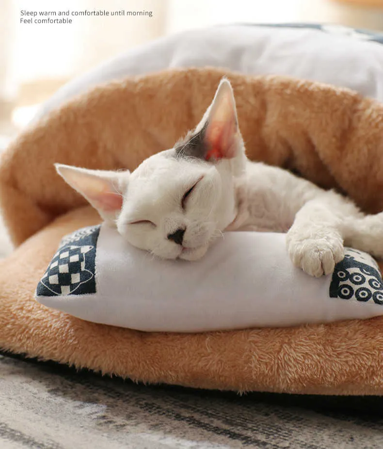 Crinkle Cat Sleeping Bag - Indoor Pet Bed & Play Bag, Soft Plush, Foldable (Blue & Brown)