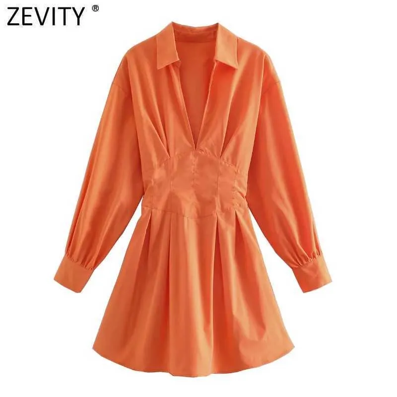 Zevity Women Vintage Vネックソリッドカラープリツデザインミニシャツドレス女性シックなセクシーバックホール包帯コートVestidos DS8334 210603