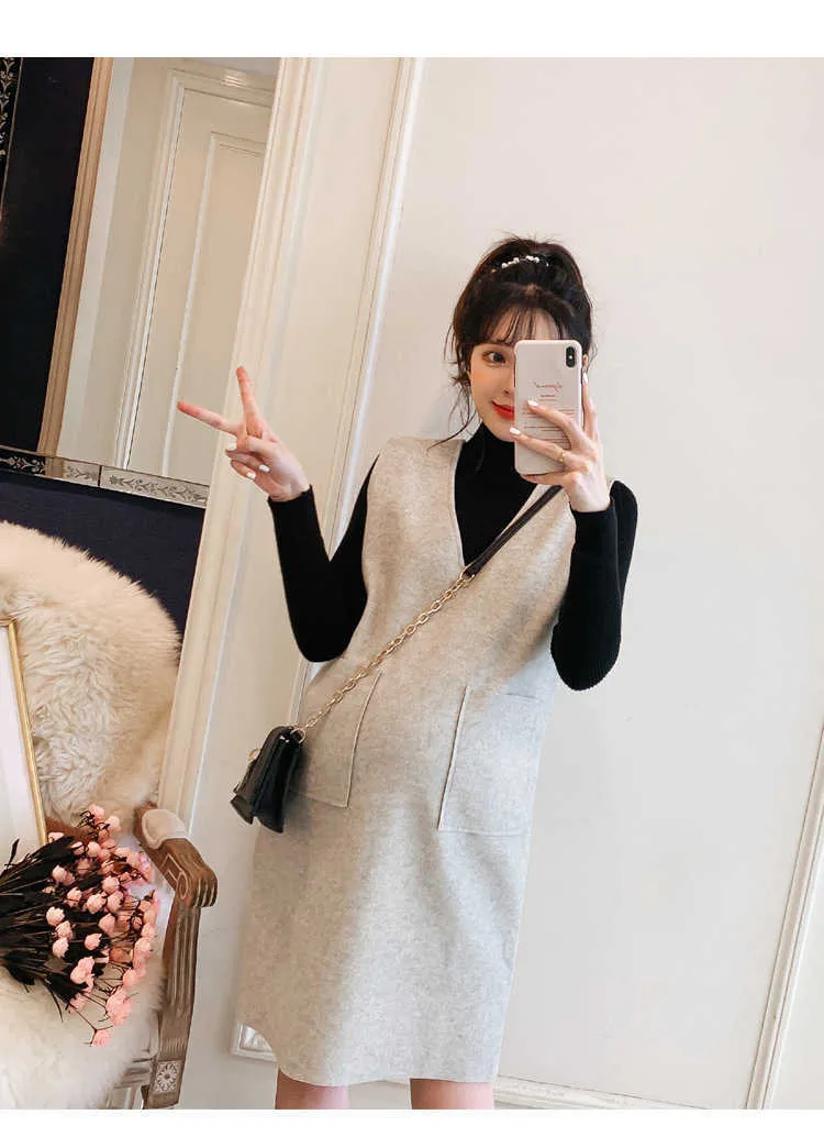 Pregnancy Maternity Dresses Long Sleeved Pregnant Women Autumn Winter Two-piece Maternity Clothes Dress Sweater Woolen Sundress (5)