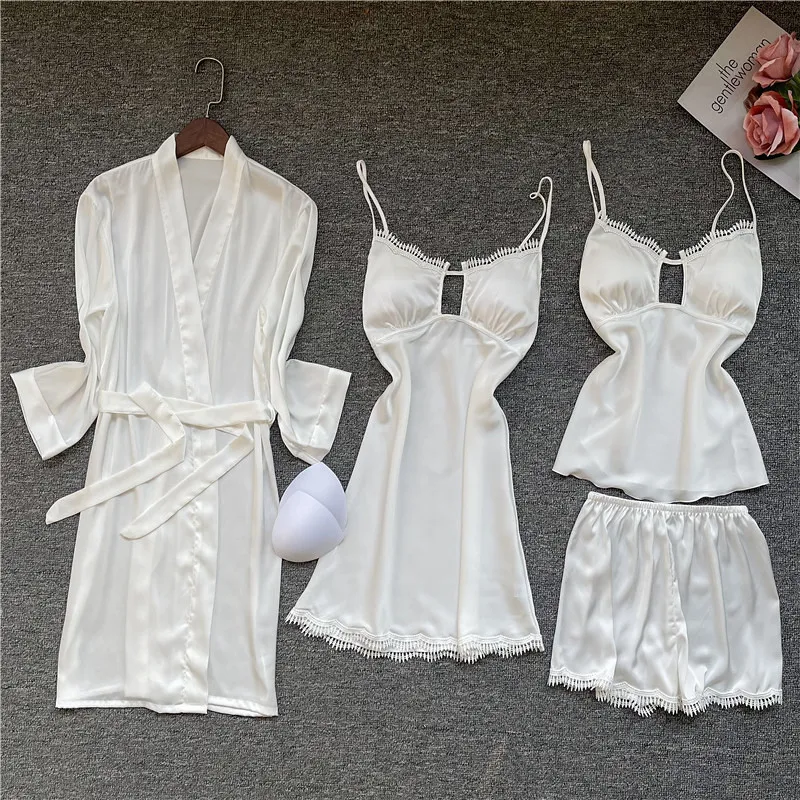 Dames 4 stuks witte satijnen pyjama set sexy kant nachtkleding mode pyjama met borst pads homewear x0526