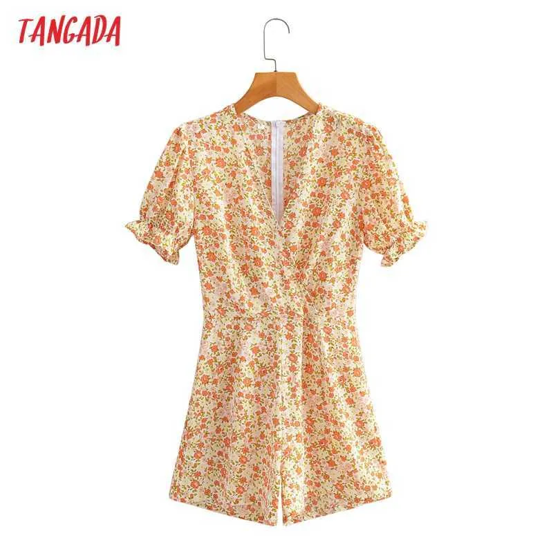 Tangada Mulheres Vintage V Neck Floral Playsuits Manga Curta Macacões Zipper Senhoras Casuais Chic Jumpsuits 1F198 210609