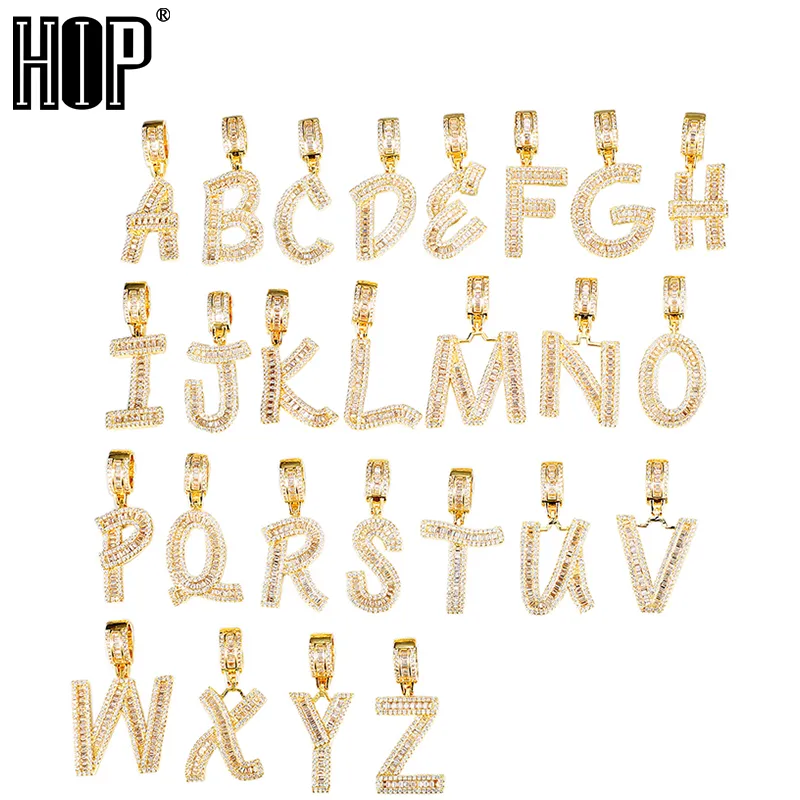 26 Alfabeto Inicial Pingente de Cobre Gelado Out Baguette Zircon A-Z Letras Colar Colar Banhado Hip Hop Jóias