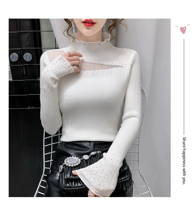 Herfst nieuw ontwerp vrouwen ruches stand kraag sexy gaas gepatchte strass glanzend bling gebreide bodycon sweater shirt knits tees SMLXL