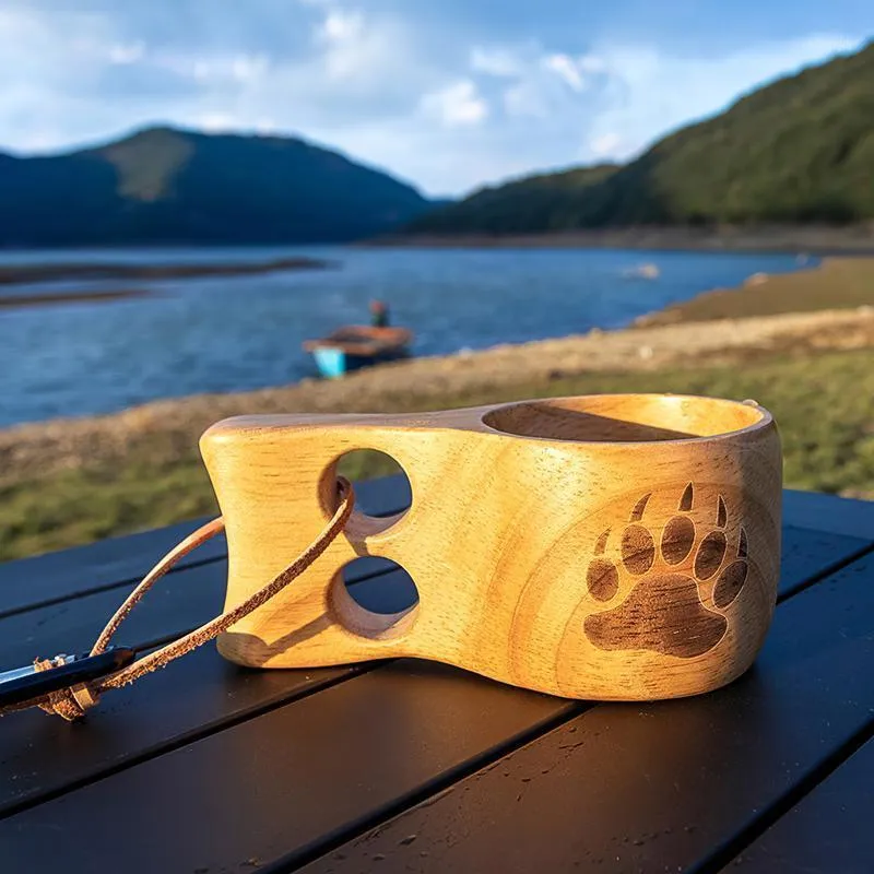 Garrafa de água xícara de madeira exclusiva de urso fofo café portátil caneca de camping portátil com gancho pendurado de metal para piquenique ao ar livre