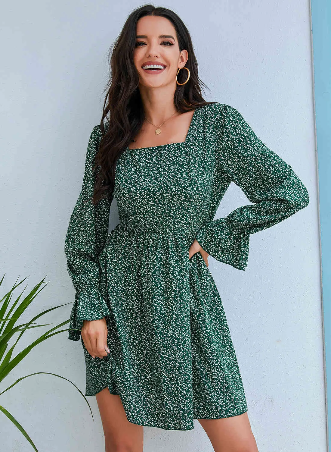 Floral Long Sleeve Square Neck Chiffon Dress Mid-Calf Length with Dropped  Waist for Autumn Women from Dhgate Basic & Casual Dresses - price 44.58
