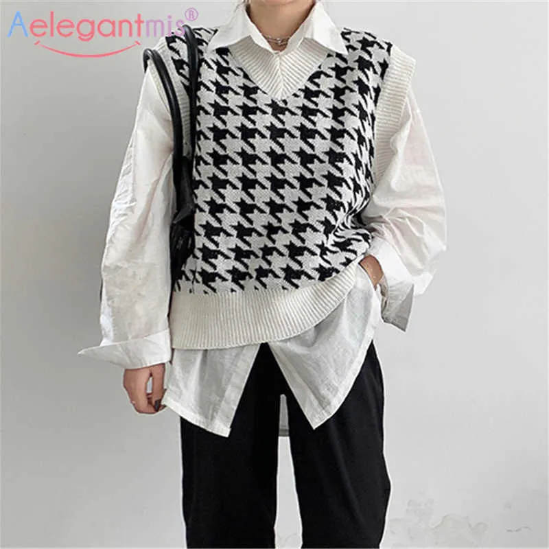 Aelegantmis Vintage Classic Överdimensionerade Stickade Houndstooth Vest Kvinnor Vår All-Match Koreansk Kvinna Svart Vit Waistcoat 210607