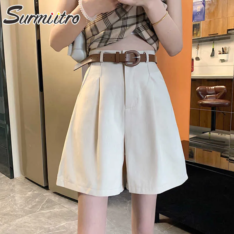SURMIITRO, pantalones cortos de moda de verano para mujer, estilo coreano, blanco, negro, de cintura alta, pantalones cortos de pierna ancha para mujer con cinturón 210712
