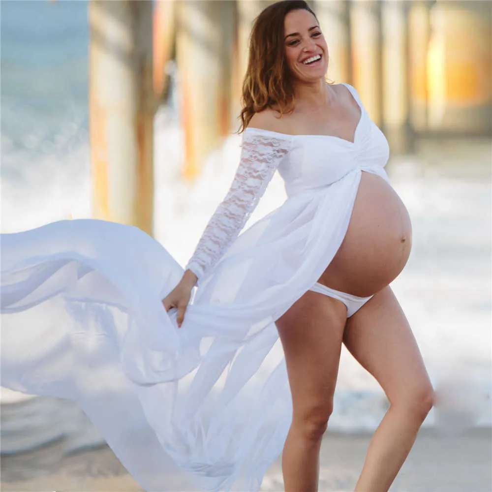 Robe de maternité blanche pour séance photo sur l'épaule dentelle longue robe de grossesse sexy fendue devant femmes enceintes robe maxi Q0713