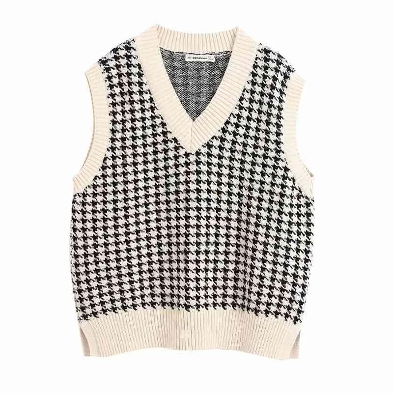 Vintage women plaid vest sweaters summer fashion ladies elegant knitted waistcoats casual female sweet tops girls chic 210427