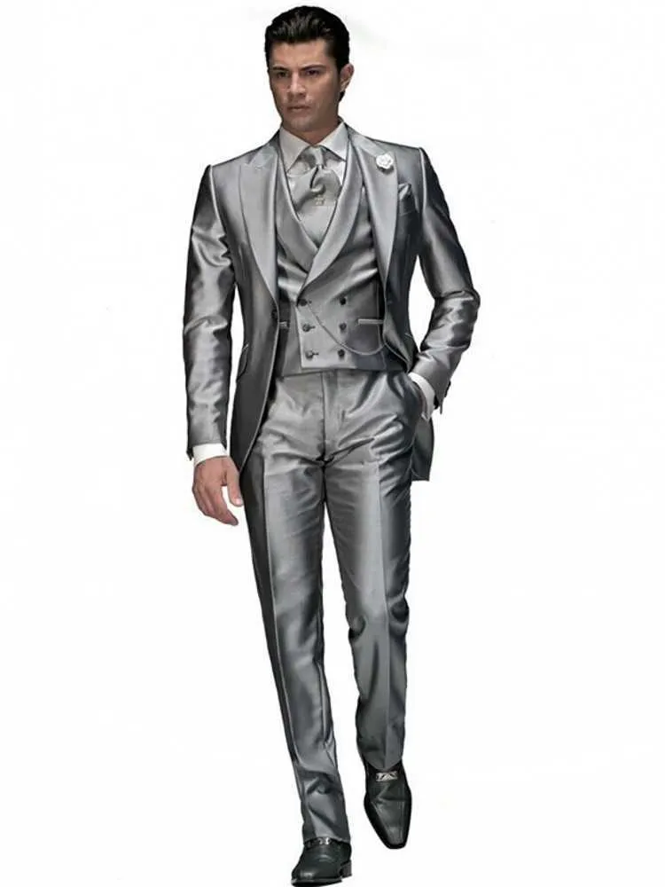 Modig Glänsande Silver Groom Tuxedos Mens Bröllop Prom Party Business Passar Blazer Sets (Jacka + Byxor + Vest + Slips) K: 767 x0909