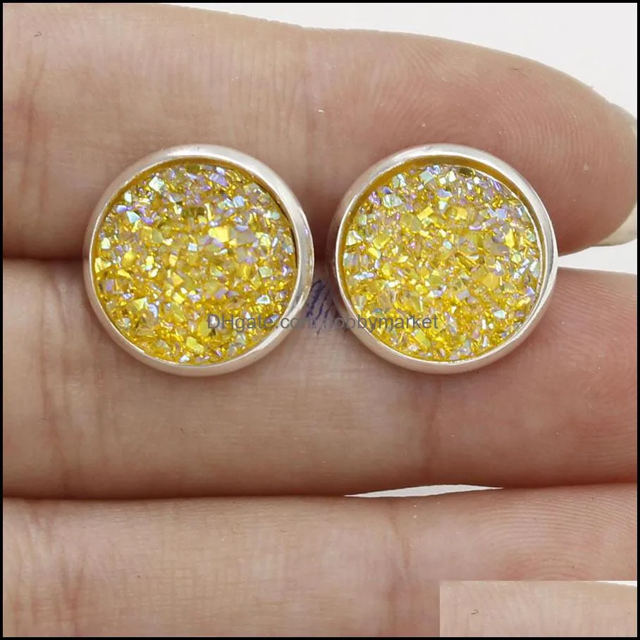 New 12MM Round druzy stone Stud Earrings Bling drusy Resin Silver Earrings For women & Ladies Fashion handmade Jewelry in Bulk