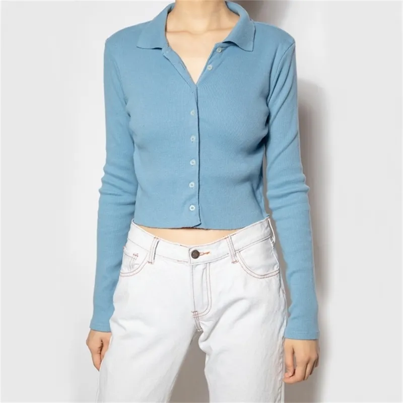 Kvinnor Spread Collar Crop Cardigan Stick Top Sweater 210512