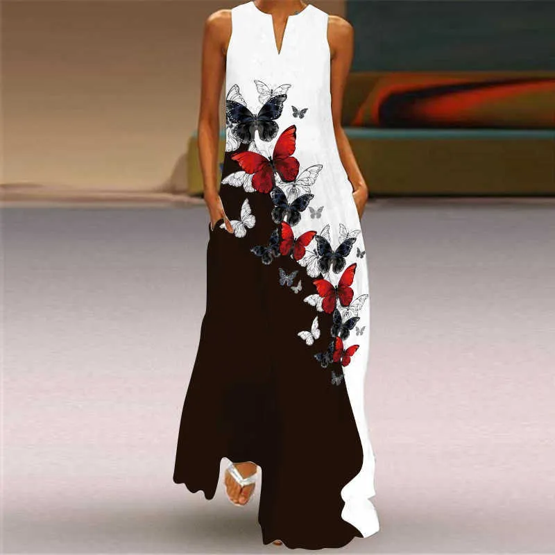 Summer Sexy Sleeveless V-Neck 3D Printed Ladies Dress Retro Floral Plus Size Maxi Women Loose Beach Vestidos es 210526