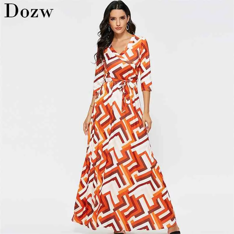 Women Geometric Print Maxi Dress Autumn V Neck Half Sleeve Bandage Bohemian Long Casual Tunic es Vestido Longo 210515