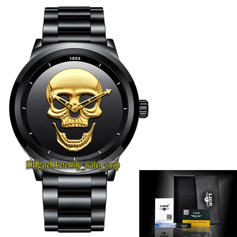 LIGE eternity LG9876 Sport Mens Watches Gold Skeleton Dial Quartz Movement Men Watch Steel Case Stainless Black Bracelet