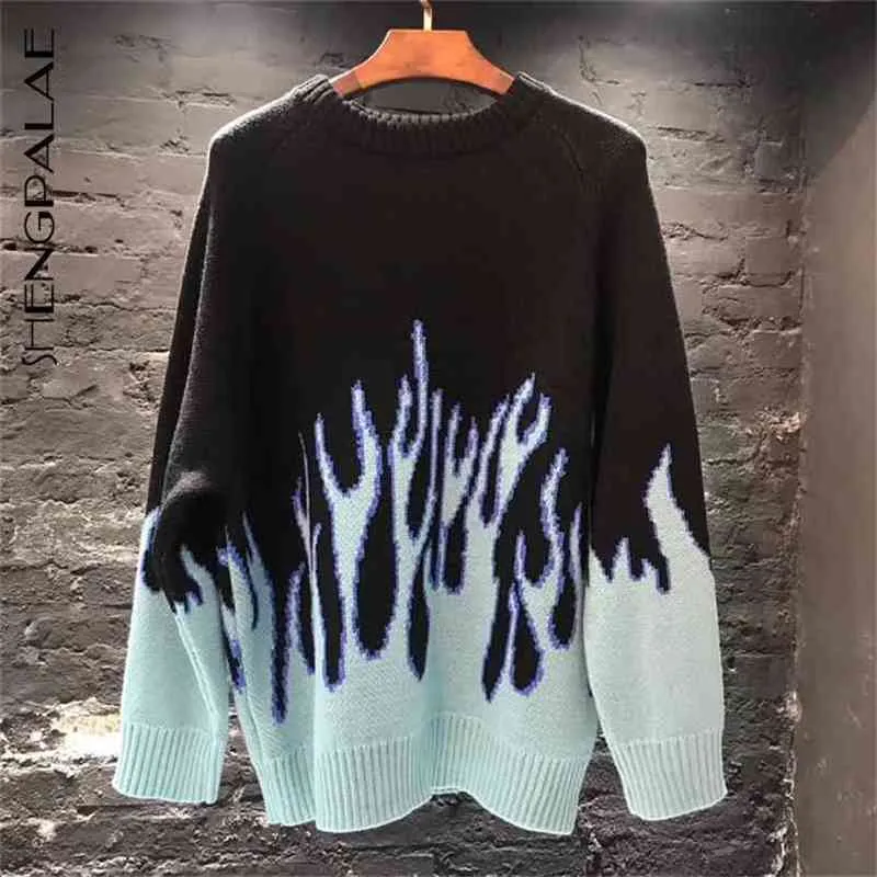 Streetwear Retro Vlam Patroon Hiphop Herfst Trek Over Spandex O-hals Oversize Paar Casual Sweaters ZA5168 210427