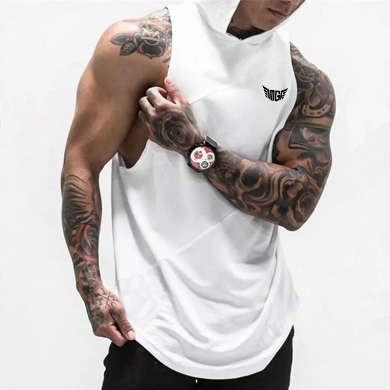 Brand Fitness Clothing Bodybuilding Mens Tank Top with Hooded Gym Stringer Hoodie tops Workout Singlet Sleeveless Shirt