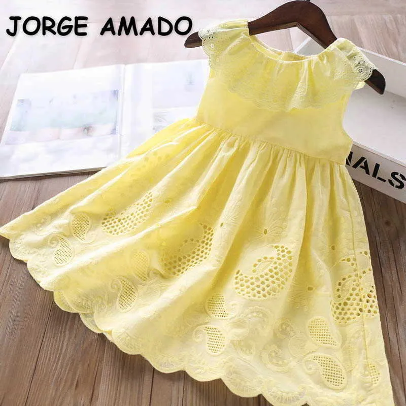 Summer Kids Girl Dress Yellow Blue White Sleeveless Ruffles Collar Sundress 1-6 Years Children Vestidos E10 210610