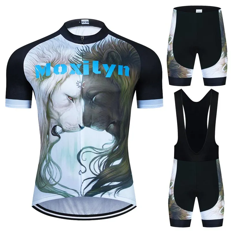 Ventes directes d'usine 2021 Moxilyn gris maillot de cyclisme ensemble motif lion vêtements de vélo costume d'été à manches courtes trois styles pantalons choisir noir blanc ou non