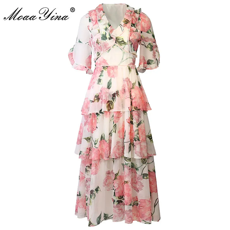 Ontwerper zomer vrouwen mode roze bloemenprint chiffon jurk dames v-hals ruches korte mouw elegante vakantie 210524