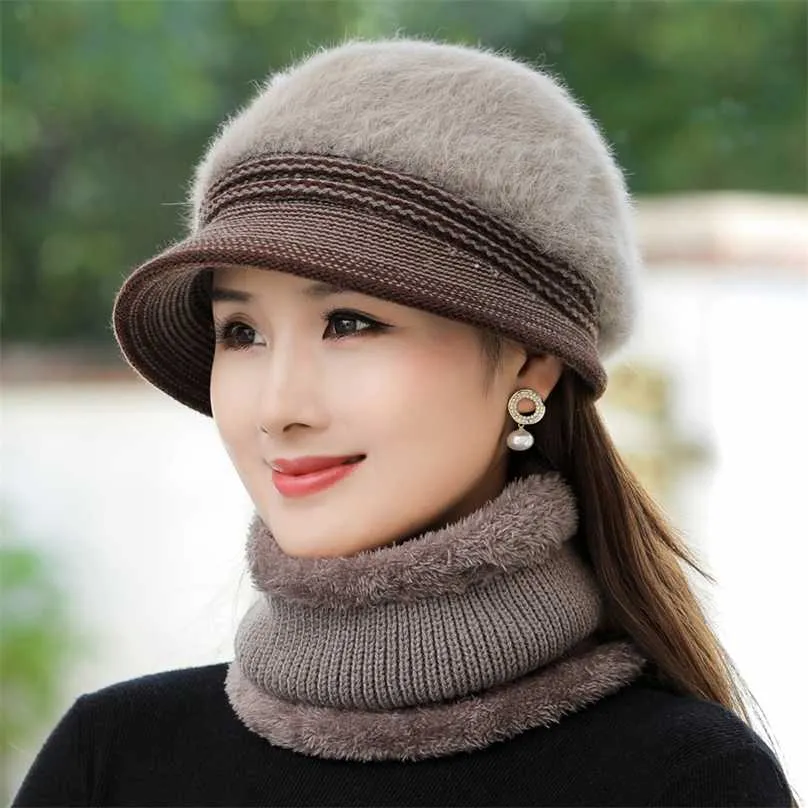 Femmes hiver chapeau garder au chaud femme casquette extérieure ajouter fourrure doublée s écharpe ensemble pour décontracté lapin tricoté seau 211119