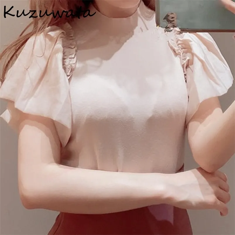 Kuzuwata elegante Ruffles Retalhos Ol Blusa Mulheres O Pescoço Pulôver Manga Curta Blusas Verão Camisa Sólida Feminino 210812