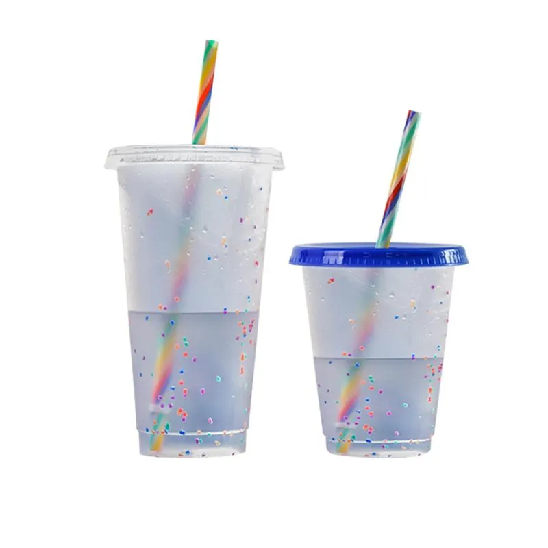 24oz/16oz High Quality Mugs Confetti Cup With Rainbow Straw Dot Color Changing Cups PP Cold Water By Sea XG0377