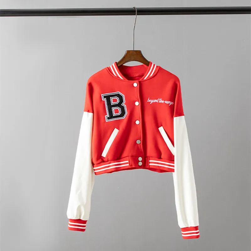 Braune Baseball-Mode-Herbstjacken für Frauen 2022, Patchwork-Knopf, schwarze Crop-Top-Jacken, Mäntel, rote Varsity-Bomberjacke