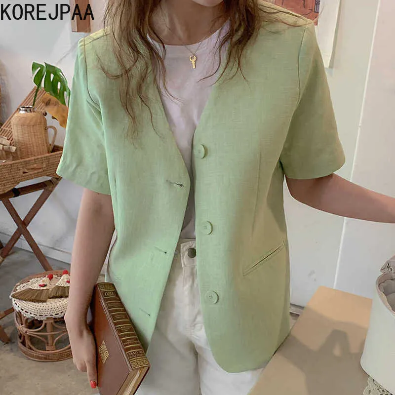 Korejpaa Women Jacket Summer Korea Chic Ladies Fresh Green V-Neck Loose Three-Button Thin Linen Cotton Short-Sleeved Blazer 210526