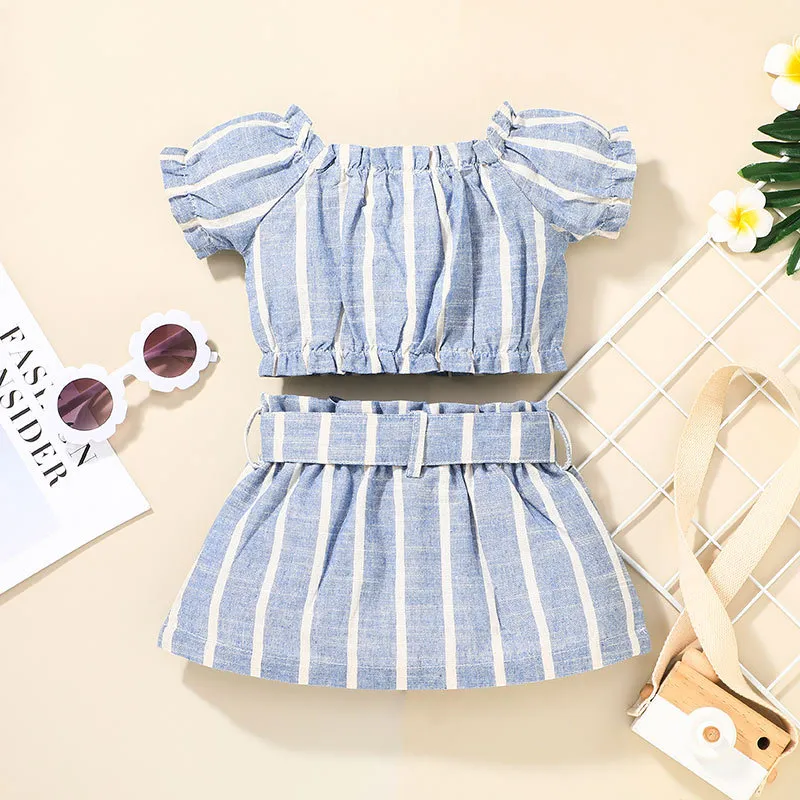 Gils Stripe Shot Tops+Bow Skirt Set Fall 2021 Latest Kids Boutique Clothing 0-3T Children Fashion Suits