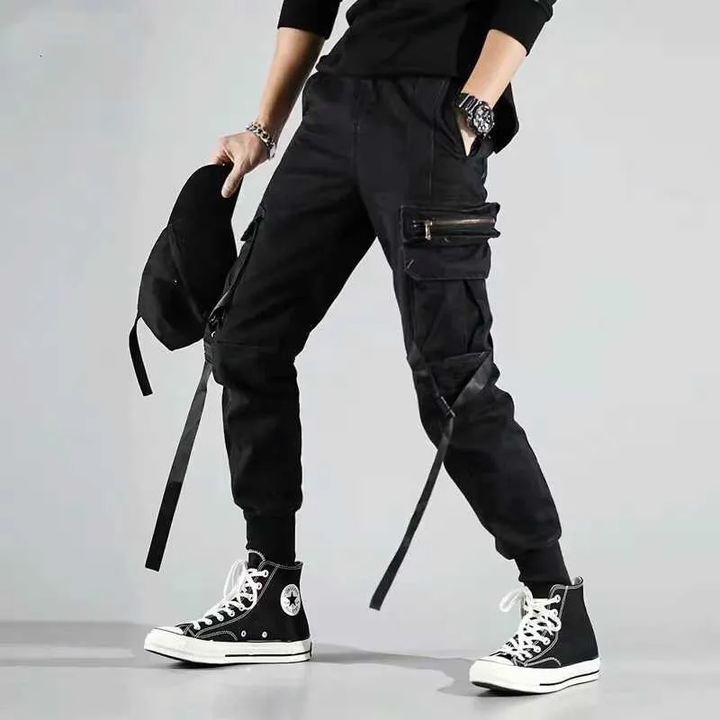 Pantalones Cargo tácticos para hombre, ropa de calle hasta el tobillo,  cintas, cintura elástica, negro, Hip