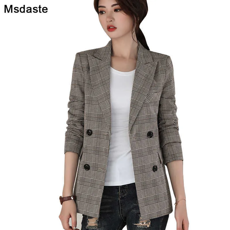 Women Blazers and Jackets 2019 Autumn Casual Double Breasted Female Blaser Plus Size S~3XL Vintage Woman Plaid Blazer Coats X0721