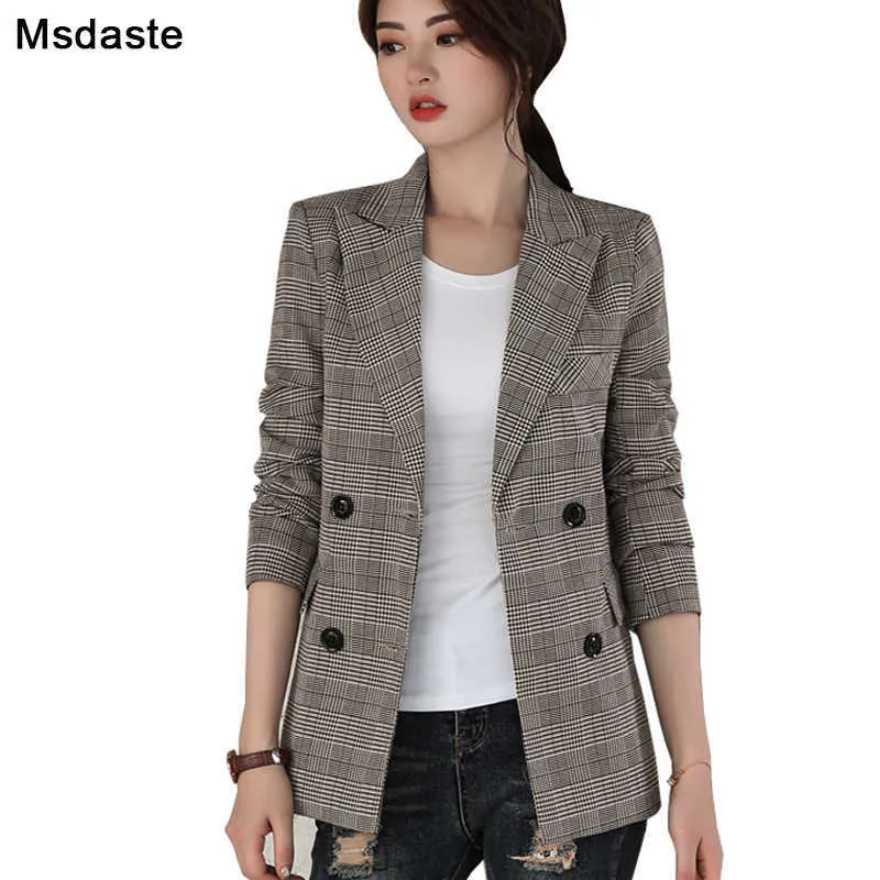 Vrouwen Blazers en Jassen 2019 Herfst Casual Double Breasted Female Blaser Plus Size S ~ 3XL Vintage Vrouw Plaid Blazer Jassen X0721