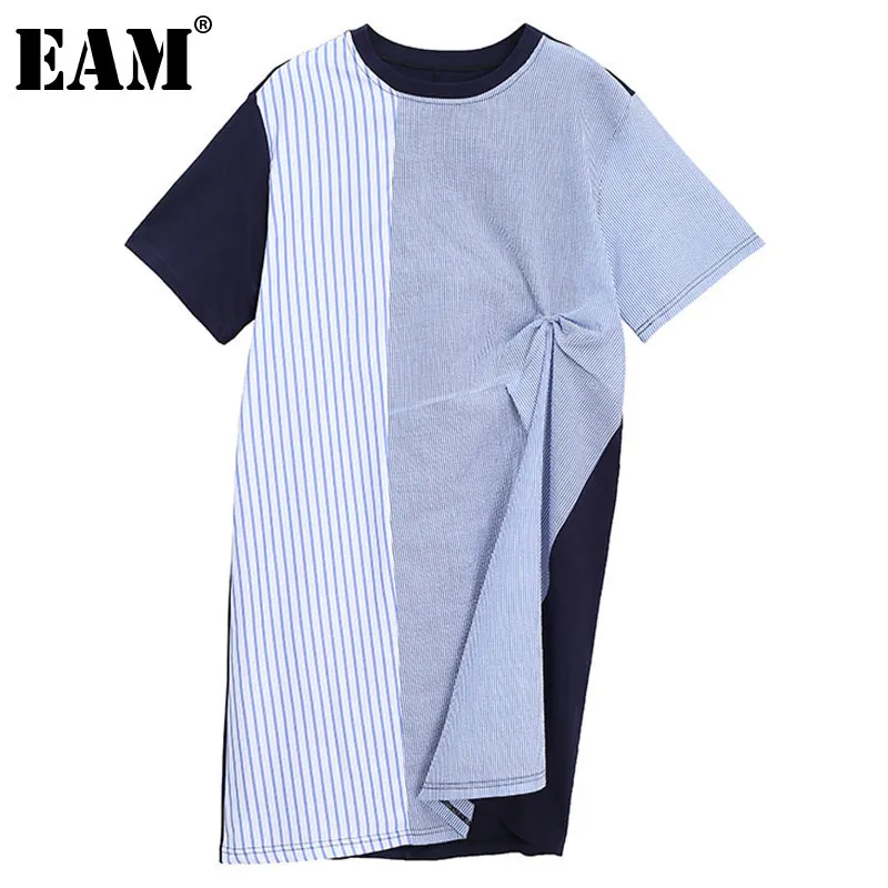 [EAM] Women Big Size Black Irregular Striped Dress Round Neck Half Sleeve Loose Fit Fashion Spring Summer 1DD7752 210512