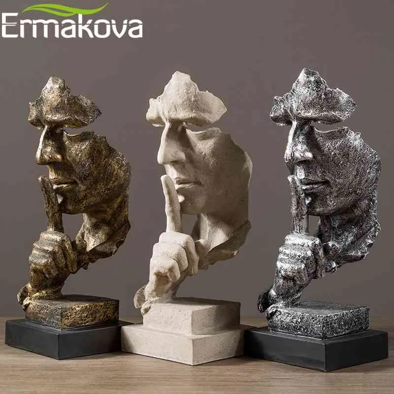 Ermakova abstrakcyjna cisza jest złota figurka 35 cm żywica twarz milczący mężczyźni statua rzeźba domu biuro salon dekoracji 210607