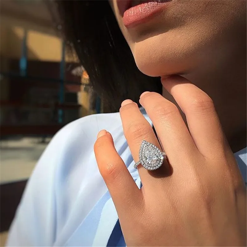 Vecalon Water Drop Promise Pierścień 925 Sterling Silver Diamond CZ Zaręczyny Zespół Ślubny Pierścienie Dla Kobiet Bridal Moda Biżuteria Prezent