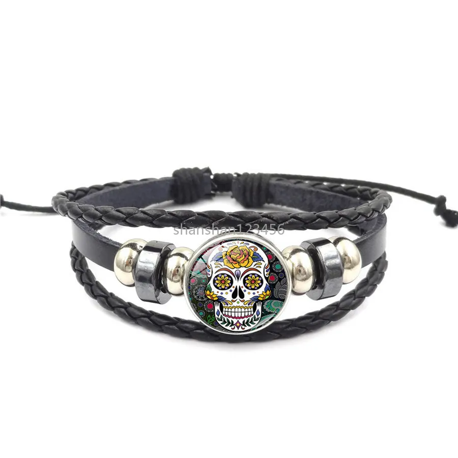 Sugar Skull Ginger Snap Button Chunks Wrap Multilayer Glass Cabochon Armband Bangle Manschett Arvband Kvinnor Kids Fashion Jewelry Will och Sandy