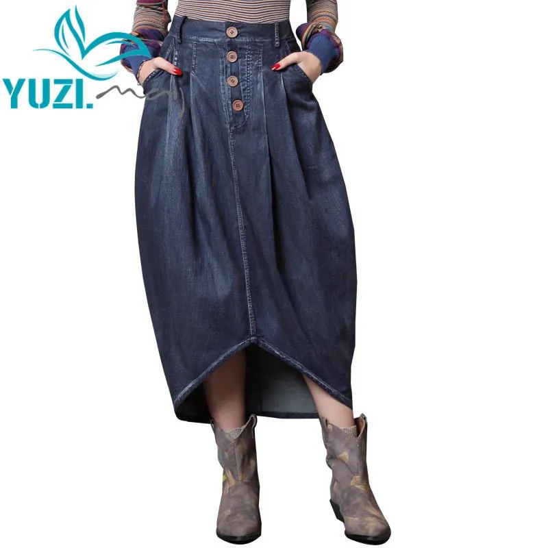 Skirts Womens 2021 Yuzi.may Boho Denim Skirt Asymmetrical Hem All-match Middle Waist Saia Feminina X2225 Long Saias