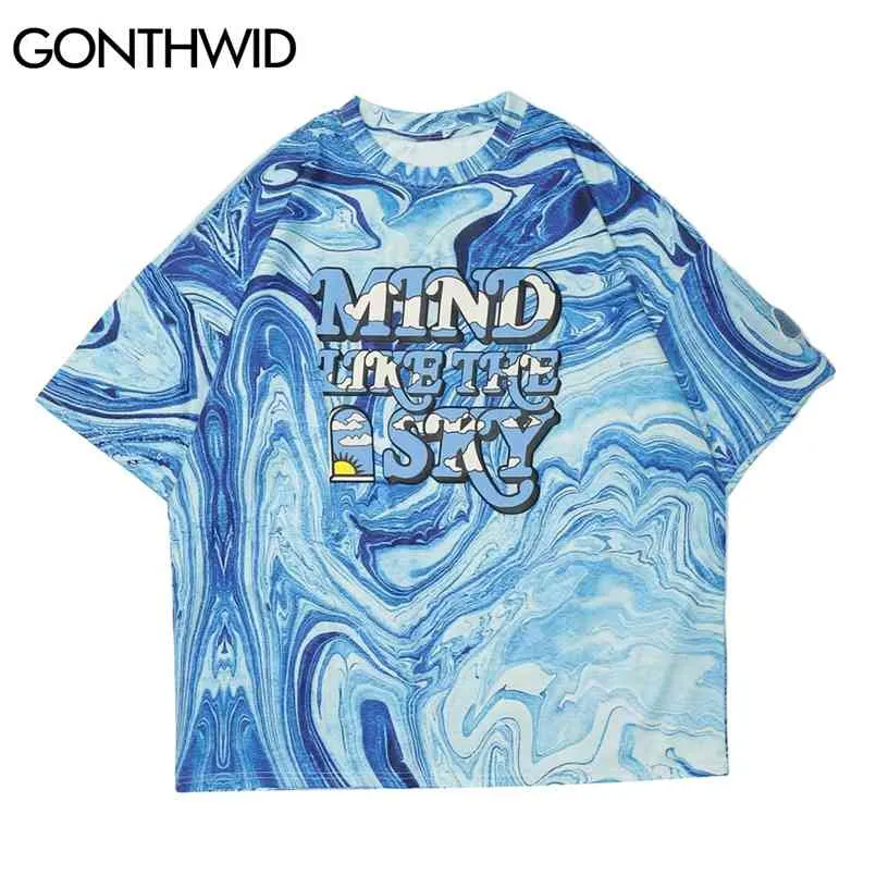 GONTHWID Tshirts Streetwear Harajuku Sky Print Stripe Tie Dye Cotton Tee Shirts Hip Hop Casual Short Sleeve T-Shirt Fashion Tops 210707