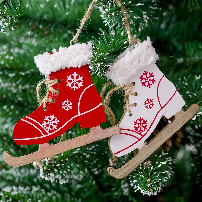 Ornement suspendu de Noël en forme de patin en bois avec cloche décoration d'arbre de Noël rouge blanc flocon de neige enfants cadeaux