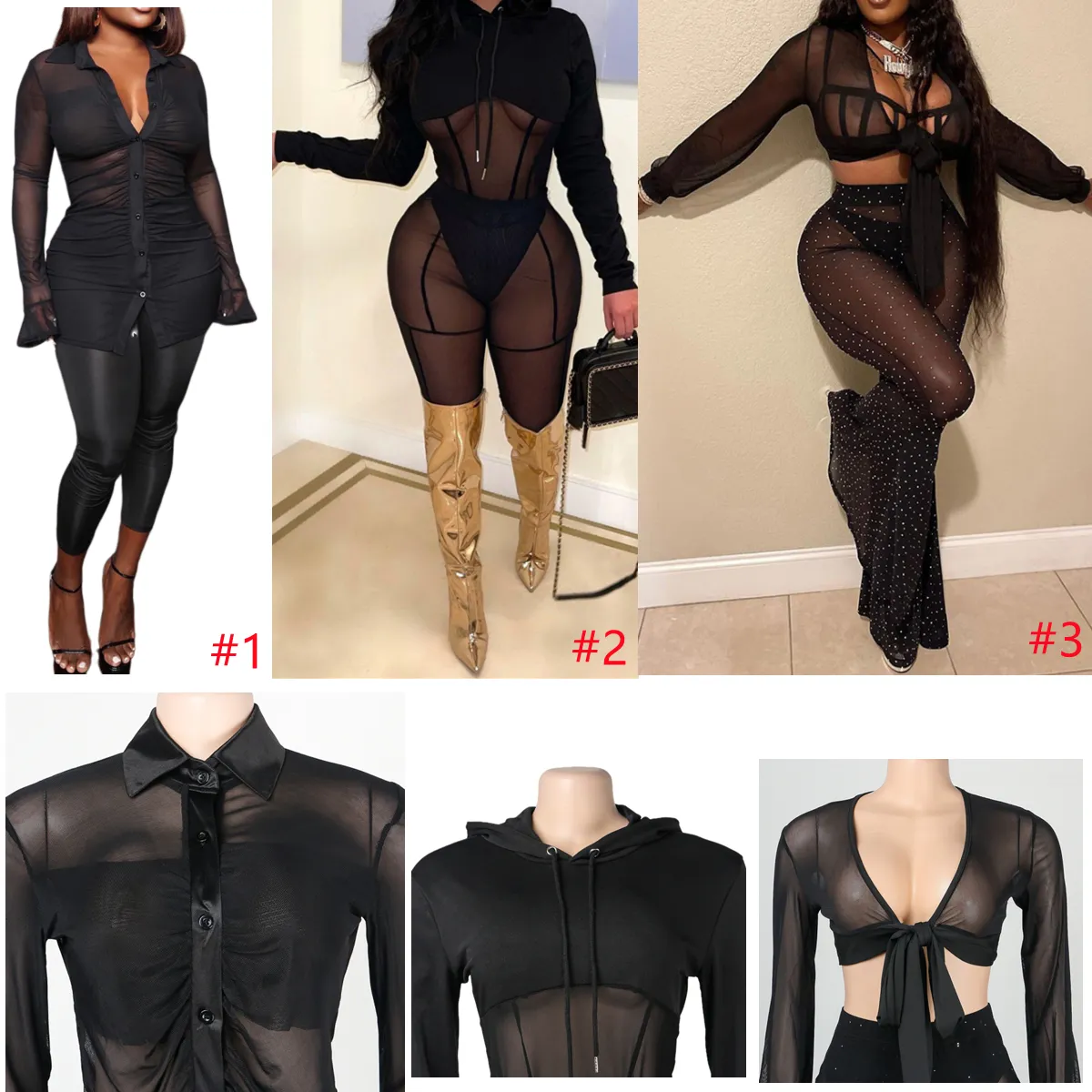 2022 Womens Twee stuk Outfits Designer Sexy Black Mesh 2 Stks Set Pants Past Lange Mouwen Top en Slanke Pant See Through Lente Zomer Kleding