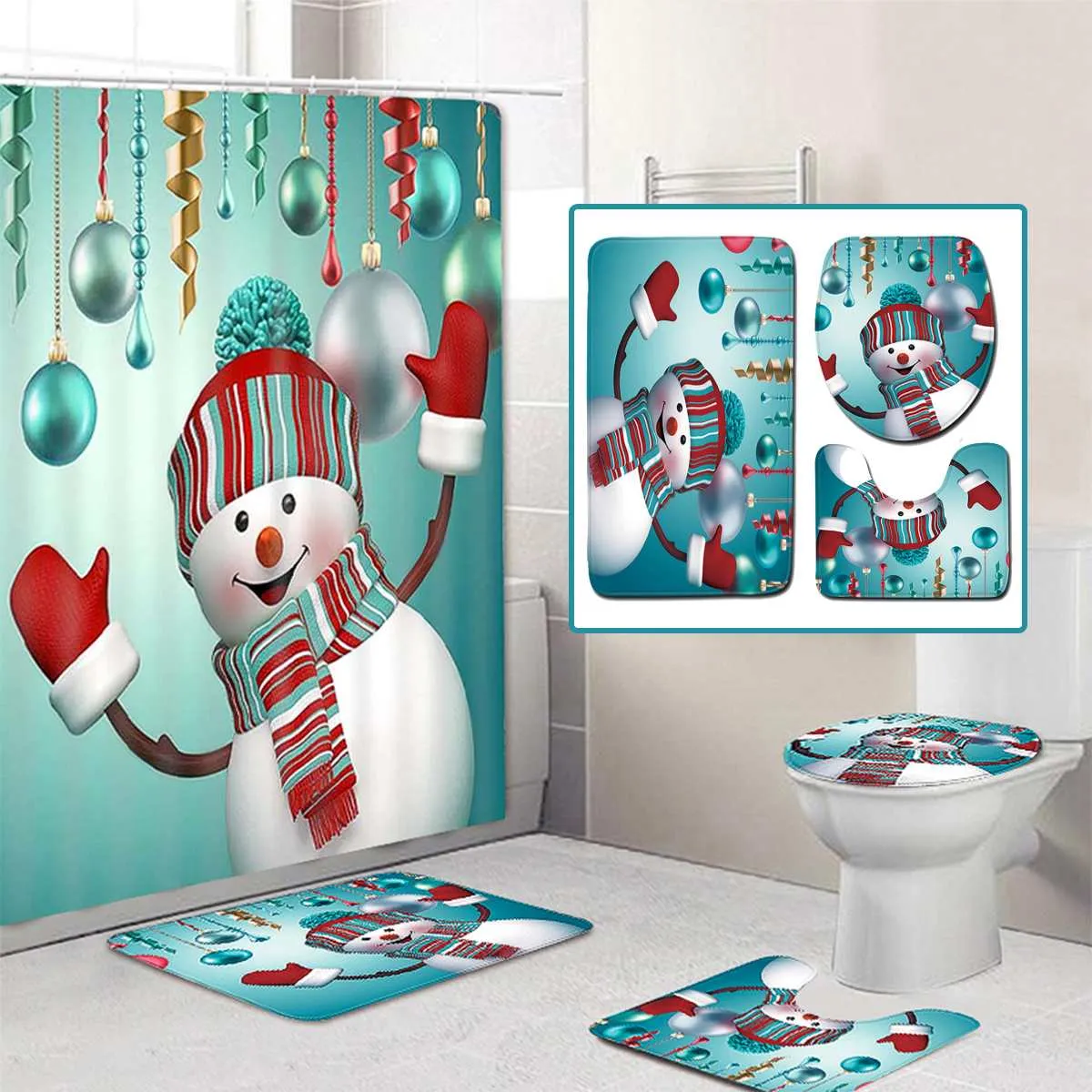 Merry Christmas Shower Curtain Bathroom set Snowman Santa Father Bell Elk Pattern Waterproof Toilet Cover Mat Non Slip Rug