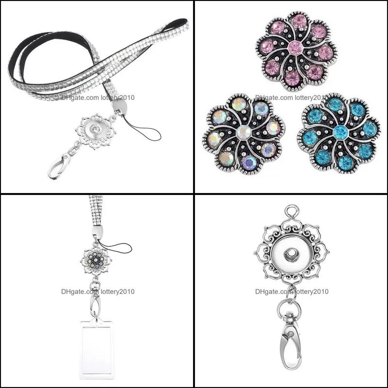 Fashion Lanyard, Womens Office Lanyard ID Badges Holder Necklace with 3pcs Rhinestone Snap Charms Jewelry Pendant Clip